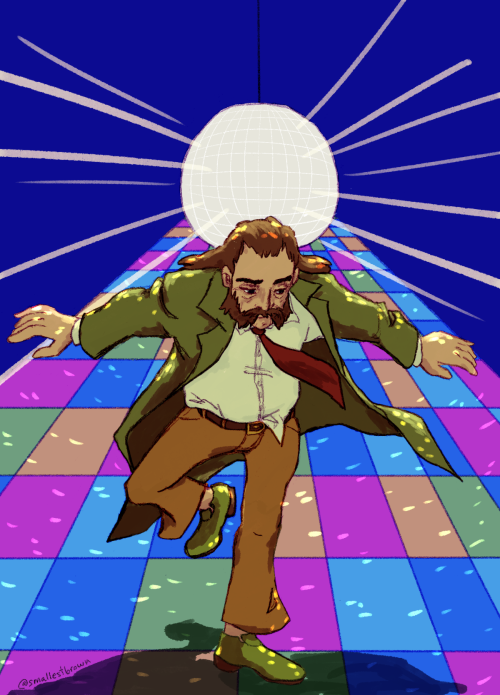 c’mon disco man c’mon c’mon[ID: illustration of harry du bois from disco elysium, 