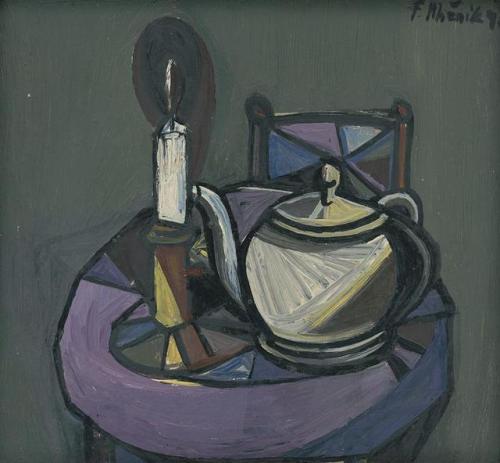 Ferdinand Hložník (Slovak, 1921 - 2006). Still life with candle and teapot.