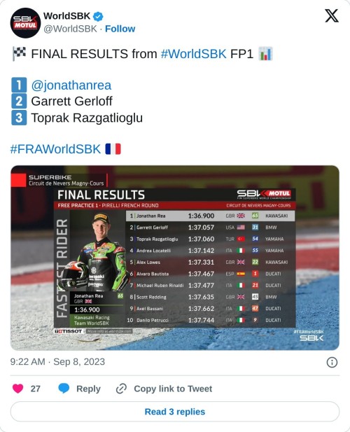 🏁 FINAL RESULTS from #WorldSBK FP1 📊  1️⃣ @jonathanrea  2️⃣ Garrett Gerloff 3️⃣ Toprak Razgatlioglu#FRAWorldSBK 🇫🇷 pic.twitter.com/gdZZxgo9uj  — WorldSBK (@WorldSBK) September 8, 2023