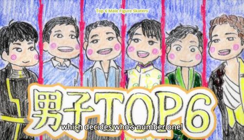 Yuri!!! on Ice shouts out to the six 2015 Grand Prix Final male skaters and their short program/free skate costumes!From left to right: Jin Boyang (China), Patrick Chan (Canada), Javier Fernandez (Spain; Silver), Yuzuru Hanyu (Japan; Gold), Shoma Uno