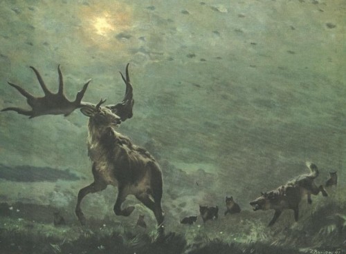 paleoillustration:  Irish Elk pursued by Dire Wolves by Znedek Burian