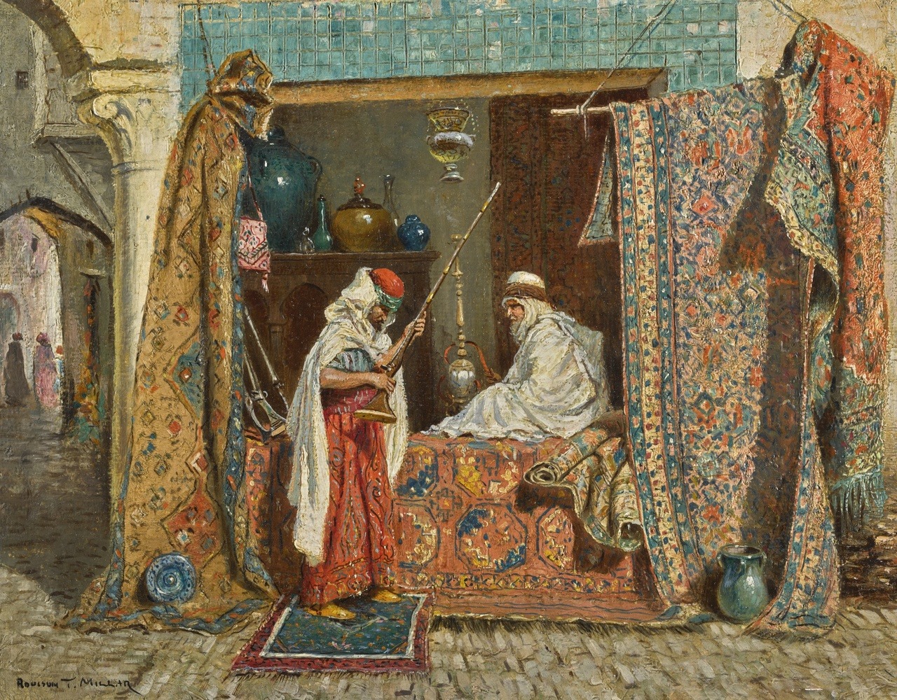 Addison Thomas Millar
An Eastern Shop
Rugs and arms merchants were a recurring motif in Orientalist art. In the present work, a passer-by carefully examines a flintlock rifle at a merchant’s stall exhibiting highly ornamented carpets.