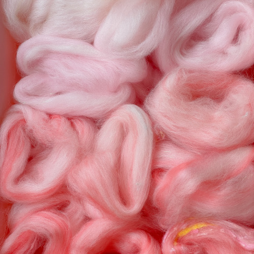 Roving fiber wrapped into little circles like bird nests. The "nests" are arranged in a pink gradient from coral to blush pink.