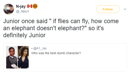 elementofaddictionn: ruinedchildhood:    Nah handsdown Junior lmao he always had me weak 😭😭   At the beginning of the show,he wasn’t dumb,he started acting dumb down the season