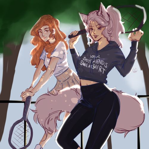 sketch of two ocs hanging out in a modern setting