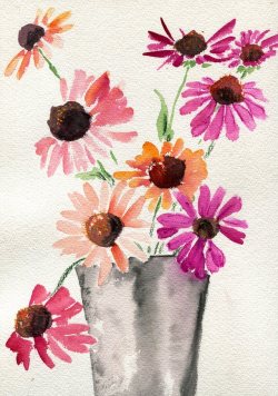 havekat: Summer Sunset Watercolor and Chinese Ink On Cotton Paper 2015, 9″x 12″ Echinacea, Coneflowers 