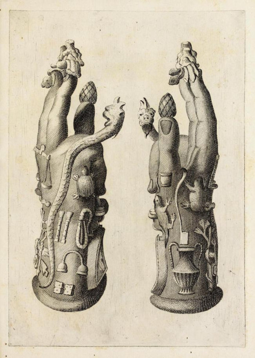 darksilenceinsuburbia: Curiosities from the Museum of Giovanni Carafa (1778) - The Hand of Sabazius   Carafa refers to this fantastic bronze hand as simply “Pantea” (all the gods), a name reflecting its allusion to many deities. He gives us a 360