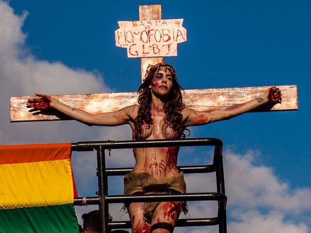 proud-atheist:  Transexual Jesus on the cross at Brazil’s Gay Parade is making