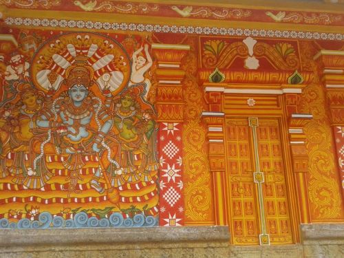 Vishnu with Lakshmi and Bhumi on Sesha, mural from temple, Kerala