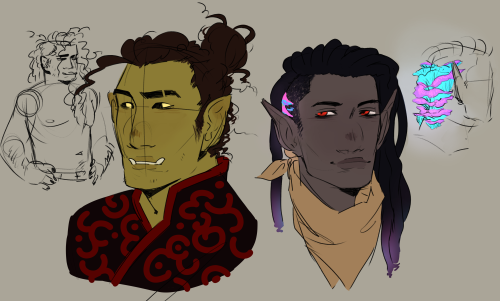 concept art for characters im gonna play with someone eventually, a half orc samurai (fighter) and h