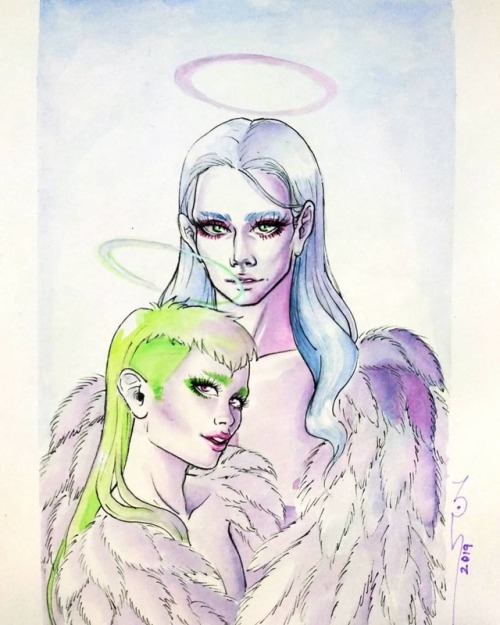 The glam angels✨ #AlbertoAles #aresugoi #halosandhorns #angels #watercolor #illustration #androgyny 