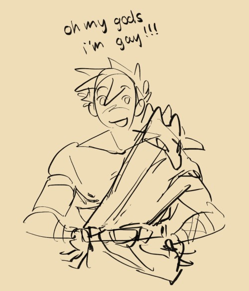 a digital doodle of zagreus with hands on his waist, saying “oh my bods im gay!!!” while grinning to himself