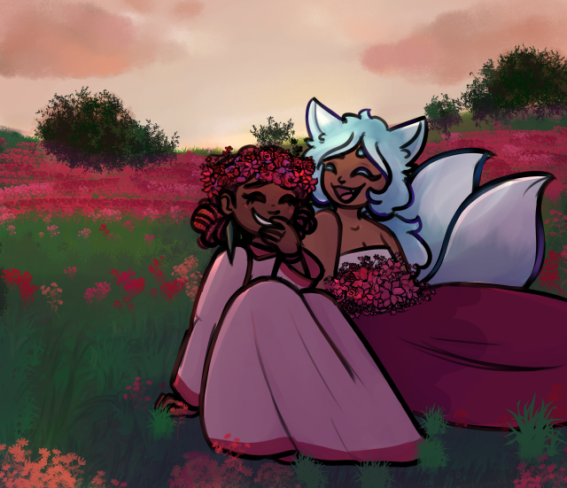 kumiho and pomegranate sitting together in a flower field at sunset. pomegranate is wearing a flower crown and is giggling. kumiho is holding a large bouquet of picked flowers, smiling wide