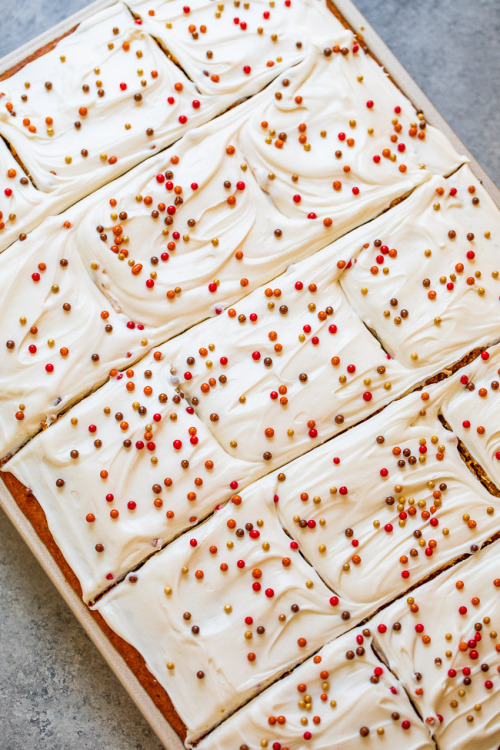 sweetoothgirl:  Pumpkin Bars with Cream Cheese Frosting