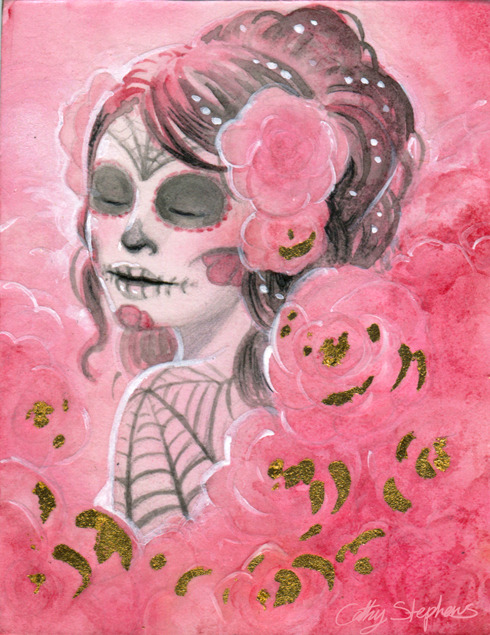 4X5″ Mixed media on paper. The board the paper was mounted on had rose shapes carved into it so this