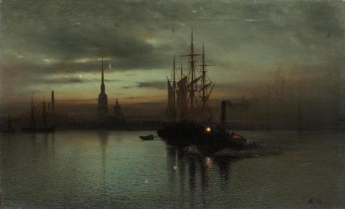 Harbor with boats at twilight   -    Lev Feliksovich Lagorio , 1886Russian, 1827