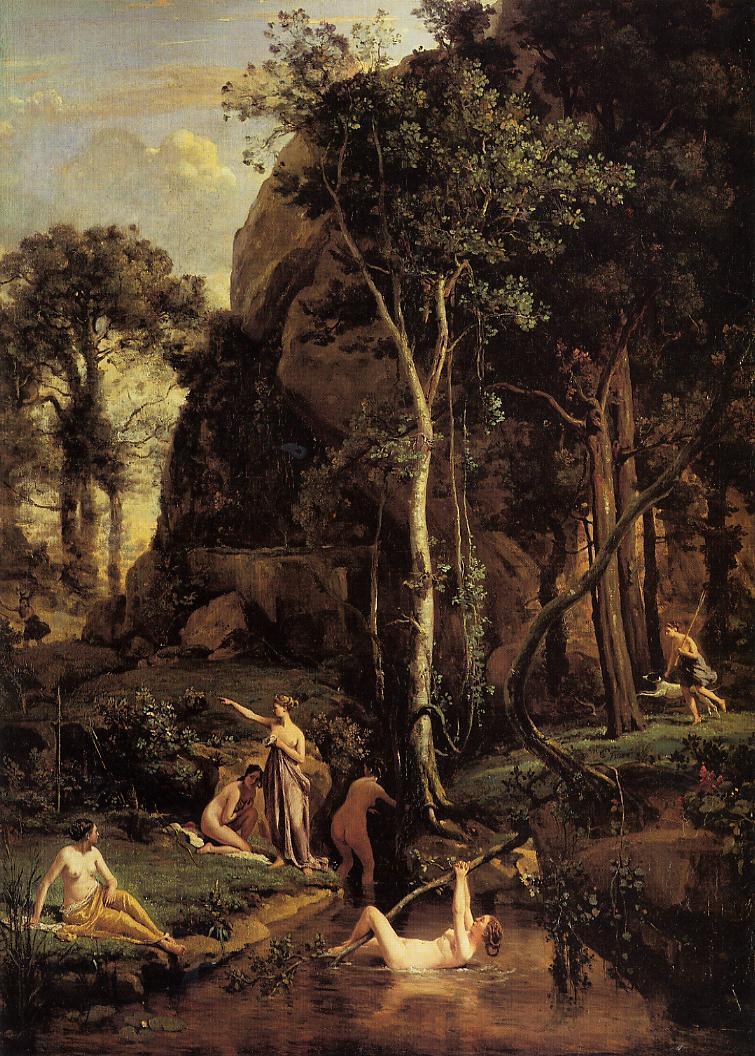 classic-art: Diana Surprised at Her Bath Jean Baptiste Camille Corot, 1836 