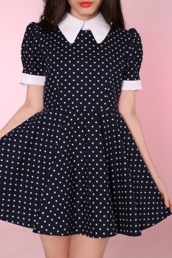 shop-cute:  Navy Polka Dol Alice Dress .00