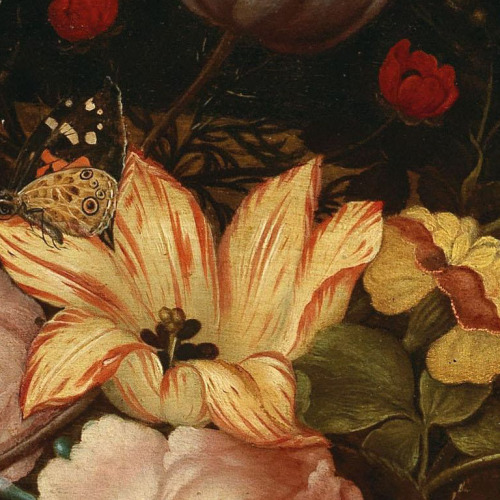 antoniettabrandeisova: Mixed flowers in a basket with fruit and shells in the foreground (detail), A