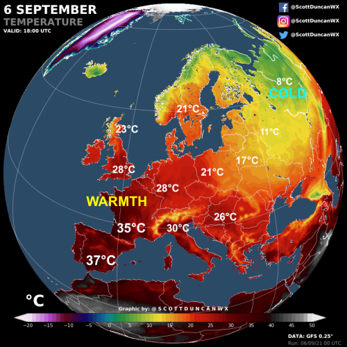 Very warm in western Europe, hotter than any day in August for many places! Notably cool conditions 