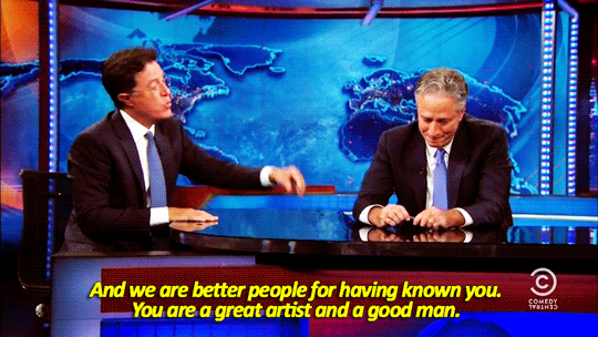 beeishappy: sandandglass: Stephen Colbert thanks Jon Stewart for everything he’s done Aaaaaaaa