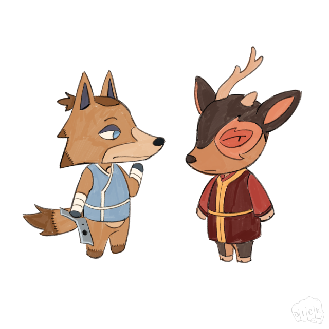 A digital drawing of Sokka and Zuko, drawn in the style of Animal Crossing characters. Sokka is a light brown wolf, and Zuko is a black and brown deer that is missing an antler.