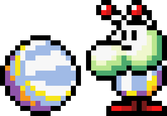 Sprites of Melon Bug from Yoshi's Island. One sprite shows it curled in a ball, resembling a striped melon, and the other shows it standing up, similar to the 2D artwork, though lighter in color and with smaller eyes.