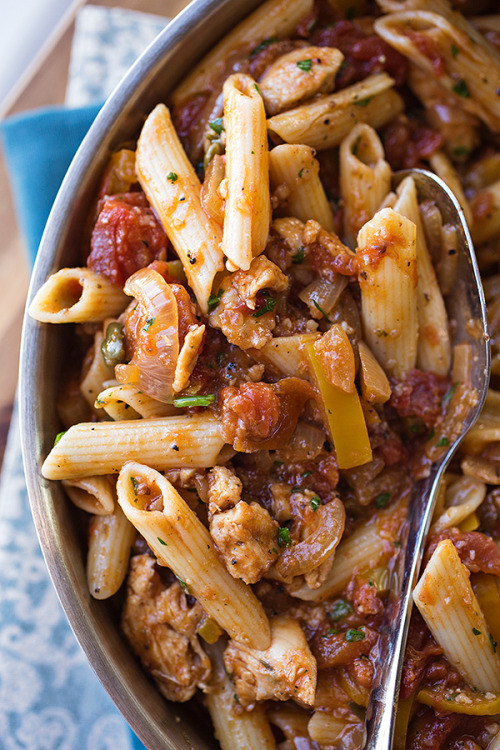 Lemony Chicken “Picca-Tore” Pasta with Tomatoes, Yellow Bell Peppers, Onions, Garlic and Capers with