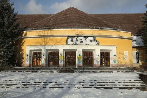 Graffiti covers the entrance to the main theatre and cinema at the officers&rsquo; complex of the ab