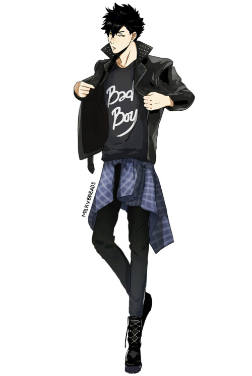 milkybreads:  Next on the casual clothes series: Kuroo! Will make this into a set. But first please consider skateboarding Kuroo 👌👌👌 💯 😩 😩Other boys in casual: suga here, oikawa here.