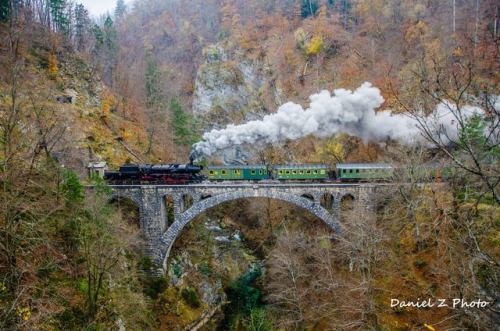 traveltoslovenia: A steam-powered museum train crossing the bridge over the Radovna river in the Vintgar Gorge in autumn. Image by Daniel Vw Mk I 