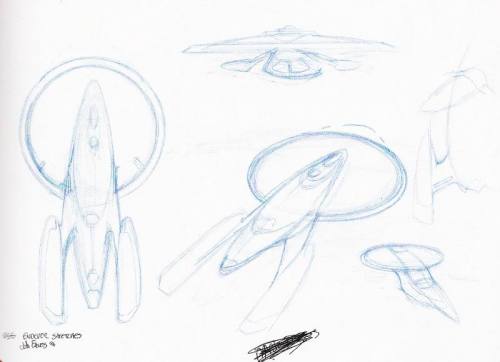 John Eaves’ sketches for the USS Endeavour. In later drafts of Star Trek: First Contact, the E