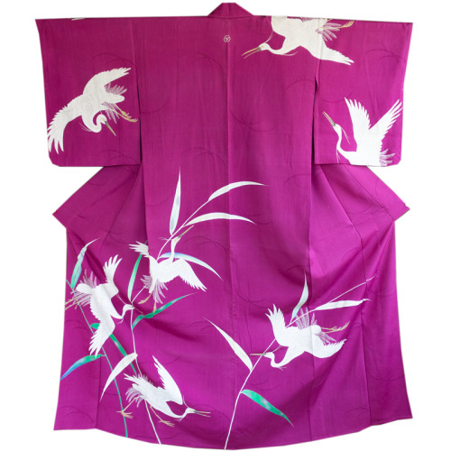 Sagi (heron) themed antique kimono outfit, pairing a refined murasaki shikibu(reddish purple) houmon