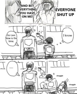 morningreminiscence:   리바이 출동!  (Go Levi!) Source Translation by morningreminiscence  This takes places in episode 14 during Eren’s trial. Pfft ( ´艸｀)  