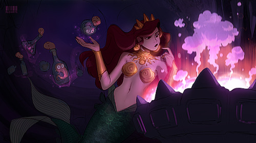 aleikats:If Ariel was under Ursula’s care and grew up to be her sea witch apprentice.  Canonically, Ursula was Ariel’s aunt (but the concept was abandoned then brought back in a book as I’ve heard…) See a higher resolution at my twitter :)! 