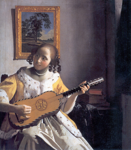 artist-johannes-vermeer: Youg woman playing a guitar, 1672, Johannes VermeerMedium: oil,canvas