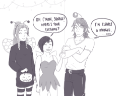 xxcastingshadows:  part two of this halloween comic i didn’t have time to colour ;w;(Aerith is a bee, Yuffie is Tinkerbell, and Cid is Tigger)