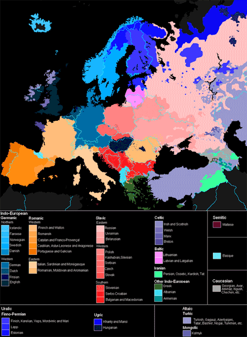 historical-nonfiction:Language of Europe, superimposed over the political borders. What struck me: B