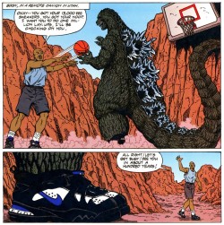 jthenr-comics-vault:  It was all in the shoes.GODZILLA VS. BARKLEY (Dec. 1993)Dark Horse ComicsArt by Jeff Butler &amp; Keith Aiken Words by Mike Barron 