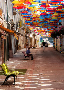 cjwho:  Hundreds of Floating Umbrellas Once Again Cover The Streets in Portugal This year, design studio Ivo Tavares has once again hung up hundreds of colorful umbrellas, transforming your shopping experience or the afternoon walk into a Mary-Poppins