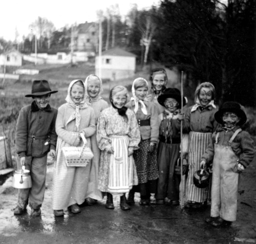 Easter witches, 1950s, Sweden. Left to right: Dan, Monica, Lena, Karin, Britt-Marie, Eva, Sven-G&oum