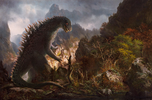  Oliver Wetter abandoned iron giant at lake in swiss mountains(aleksey savrasov’s lake in the swiss mountains) kaijufornia spring(albert bierstadt’s california spring) a kaiju evening at the juniata(thomas moran’s the juniata, evening) godzilla