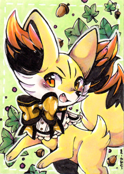 mieau:  Remember last time when I did that special edition of the fennekin charms with original drawings? I’ve made something similar with the new charms reprint : some copic ACEO cards.  The fennekin and braixen are already sold, but delphox is still