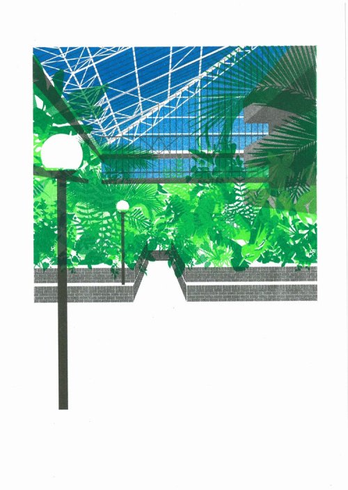 Four colour risograph print of the Barbican Conservatory designed by Chamberlin, Powell and Bon.Prin