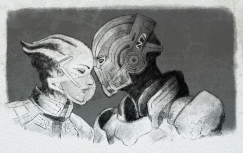 nohewi:  A thank you tribute picture inspired by all the cute FemShep and Liara fanart I’ve seen over the years. I’ve also always fancied drawing the helmet thing Liara wears because I like when the squad wears their helmets!   