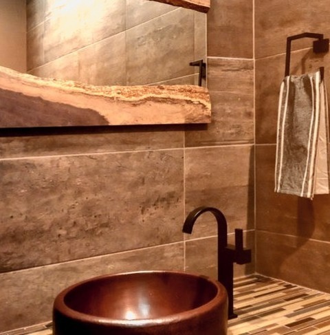 Powder Room - Contemporary Powder Room A Medium-sized Modern Powder Room With Brown And Gray Tiles, A