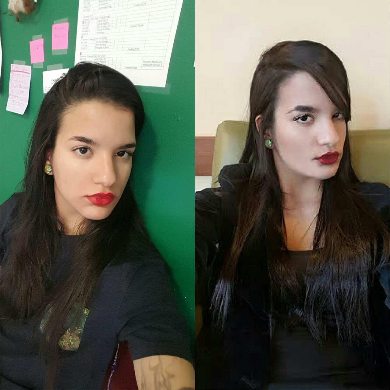Naked make up less face, with red lips vs Make up face with red lips. What I look