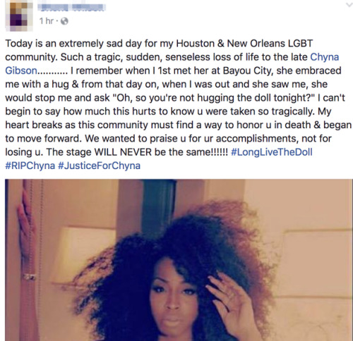 afrosandathames:   micdotcom:  Transgender woman Chyna Gibson shot and killed in New Orleans Transgender woman Chyna Gibson was shot and killed outside of a shopping center in New Orleans Saturday night, according to the Times-Picayune. Gibson was also