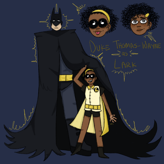 A digital drawing of Batman and a young Duke Thomas, dressed in a yellow version of the classic Robin suit. Next to them are two close ups of Duke's face, one in a mask and one without. Below that is text reading "Duke Thomas-Wayne as Lark". The background is blue.