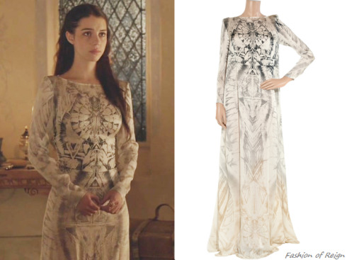 fashion-of-reign: In the fourteenth episode Mary wears this sold out Balmain Printed Silk Gown. In t